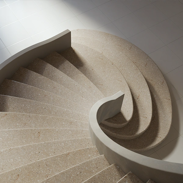 Escalier monumental en spirale fabriqué en Terrazzo ''Pearl'' avec des coquillages