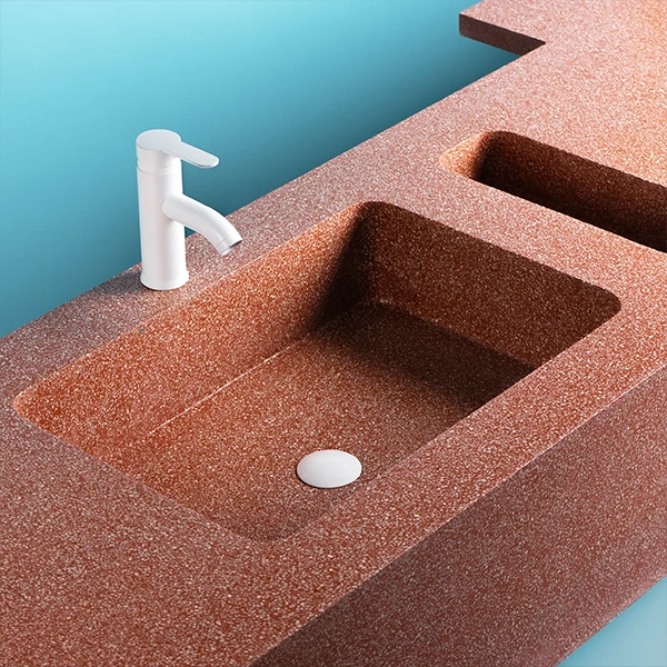 Plan de travail avec 2 eviers et tablier, coulé d'une seule pèce en Terrazzo